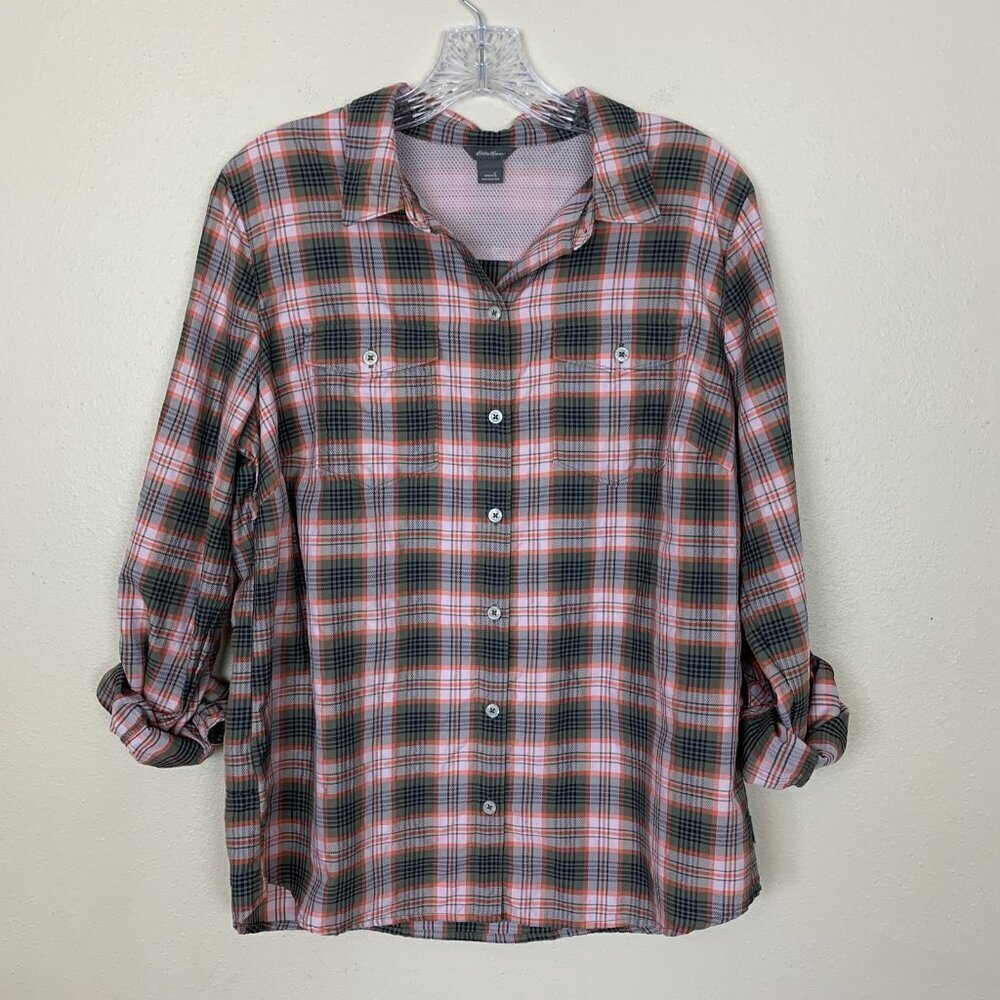 Eddie Bauer Womens L Long Sleeve Shirt Plaid Green Hiking Lightweight Travel - Picture 9 of 15
